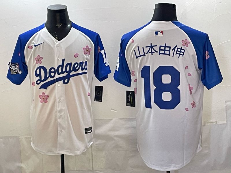 Men Nike 2026 Los Angeles Dodgers #18 Yamamoto White Blue Sakura Edition Game MLB Jersey 120815